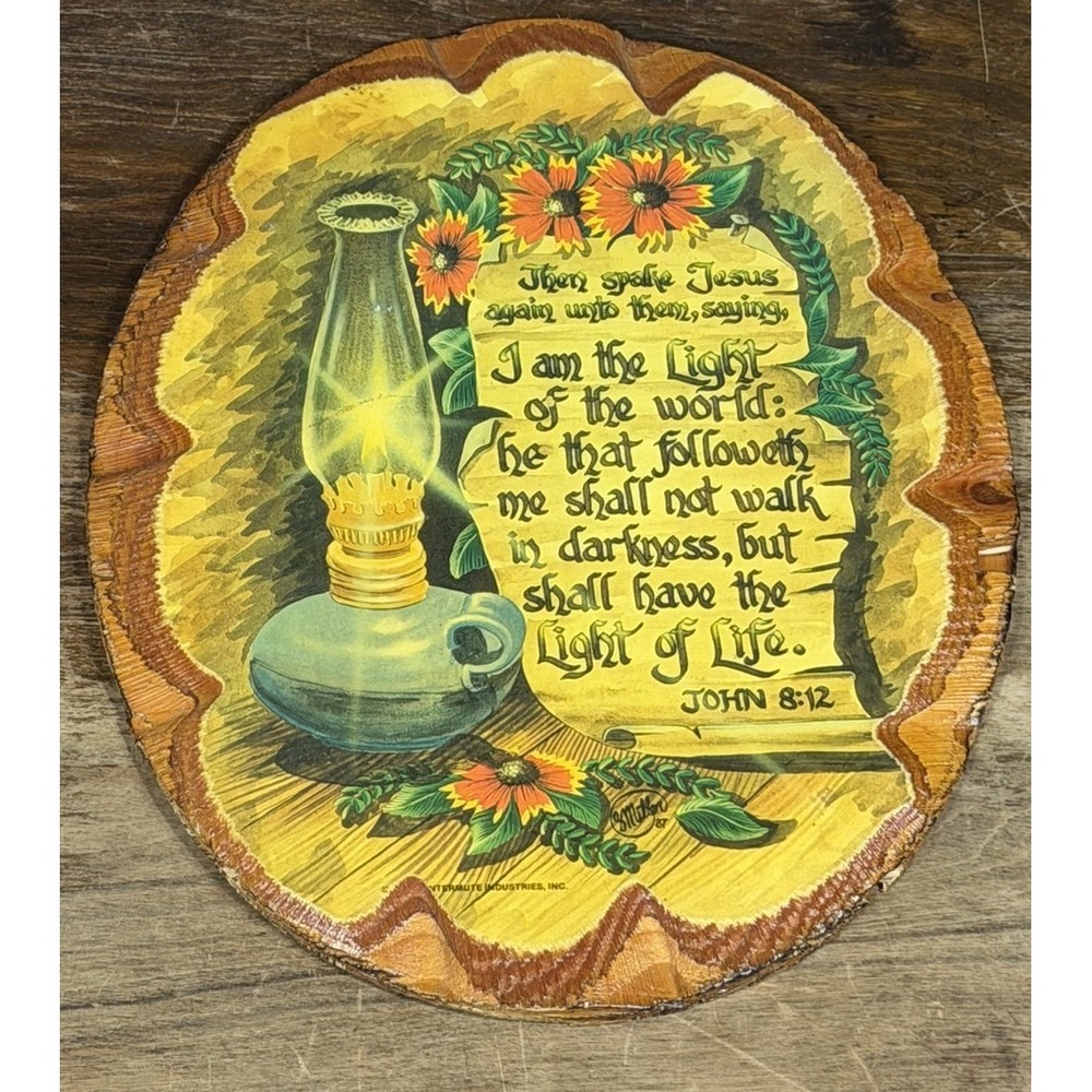 Vintage John 8:12 Wood Slice Wall Plaque Prayer Floral Rustic Cabin Decor
